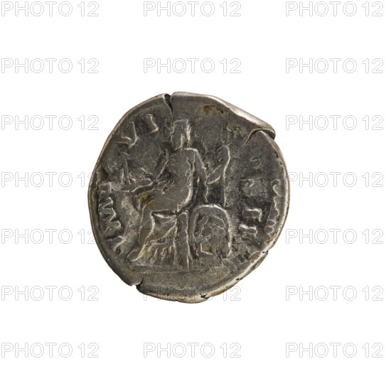 denarius, Marcus Aurelius (121–180; Roman emperor 161–180), busts, imperial busts, Marcus Aurelius — iconography; spear (attribute), Roma (mythology), shield (attribute), Victoria (attribute). Obv. M ANTONINVS, TR P XXVI — Head of Marcus Aurelius with a laurel wreath, facing right. Pearl border. Rev. IM, VI, O, II — Roma sits on a throne turned left, facing right, raised, holding Victoria in her hand, spear in left, shield behind her. Pearl border. 171–172 CE, Roman Empire (27 BC–476), Rome; coin (denarius), weight 3.02 g, axis 180°.