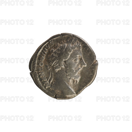Denarius of Marcus Aurelius (121–180; Roman emperor 161–180). Obverse: Head of Marcus Aurelius with laurel wreath, facing right; beaded border; inscription 'M ANTONINVS'. Reverse: Germanic man sitting at the feet of a trophy facing right; pearl border; inscription 'IMP VI COS III'. Date: 172–173 or 173–174. Roman Empire (27 BC–476), Rome. Coin; weight 3.23 g.