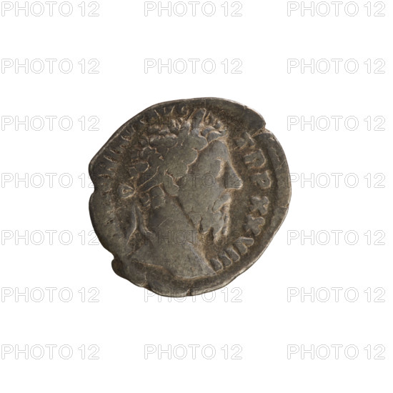 Denarius, Marcus Aurelius (121–180; Roman emperor 161–180). Obverse: head of Marcus Aurelius with a laurel wreath, facing right; legend 'M ANTONINVS AVG TR P XXVIII' (first part partly erased). Reverse: Felicitas stands facing left, holding a caduceus in her right hand and a cornucopia in her left; legend 'IMP VII COS III'. Pearl border. Roman Empire (27 BC–476), Rome; coin; weight 2.66 g; axis 180°.