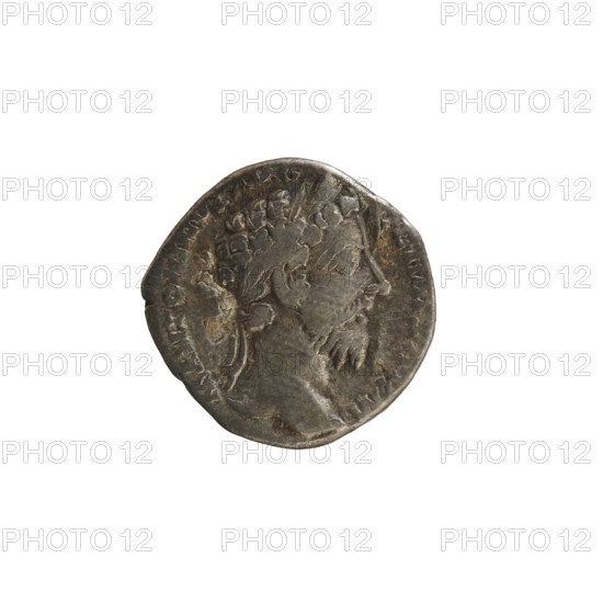 Denarius, Marcus Aurelius (121–180; Roman emperor 161–180); obverse: head of Marcus Aurelius with a laurel wreath, right (only lower part of legend visible: M ANTONINVS AVG GERM SARM); reverse: Felicitas standing left, holding a long caduceus in right hand and a cornucopia in left; TR P XXIX IMP VIII COS III. Roman, 175, Rome, Roman Empire (27 BC–476). Silver coin, weight 2.66 g, axis 180°.