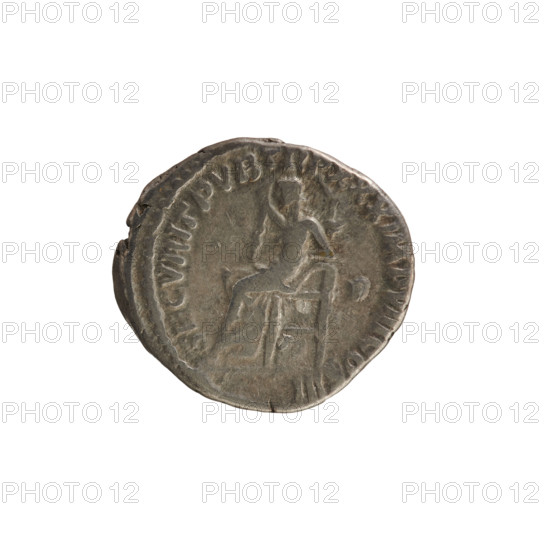 Denarius of Marcus Aurelius (121–180), 175–176 CE. Obverse: Head of Marcus Aurelius wearing a laurel wreath, right; inscription 'ANTONINVS ... ERM SARM'. Reverse: Securitas (personification) seated facing left, raising the drapery with his right hand and resting his left elbow on the back of the seat; inscription 'SECVRIT PVB TR P XXX IMP VIII COS III'. Pearl border. Roman Empire (27 BCE–476 CE). Rome. Silver coin, weight 3.15 g.