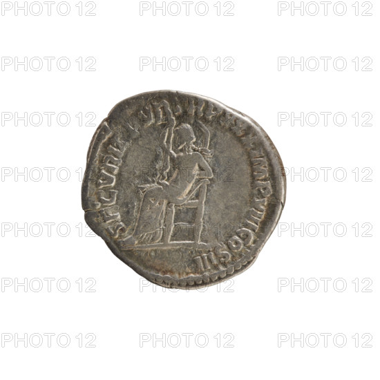 Denarius, Marcus Aurelius (121–180; Roman emperor 161–180). Obverse: Head of Marcus Aurelius with a laurel wreath, facing right. Beaded border. Inscription: M ANTONINVS AVG GERM SARM. Reverse: SECVRITAS, Securitas seated turned left, right hand raising the drapery, left elbow resting on the back of the seat. Beaded border. Inscription: SECVRITAS TR P XXX IMP VIII COS III. Date: 175–176. Roman Empire (27 BC–476), Rome. Coin; weight 3.23 g; axis 180°.
