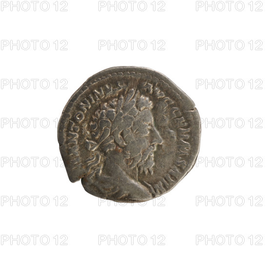Denarius of Marcus Aurelius (121–180; Roman emperor 161–180). Obverse: Bust of Marcus Aurelius wearing a laurel wreath and drapery, pearl border at right; inscription ANTONINVS AVG GERM SARM. Reverse: Roma in military dress, standing left, holding Victoria in her right hand and a spear in her left; pearl border; inscription TR P XXX IMP VIII COS III. Dated 175–176. Roman Empire (27 BC–476). Rome. Coin; weight 3.23 g; axis 180°.