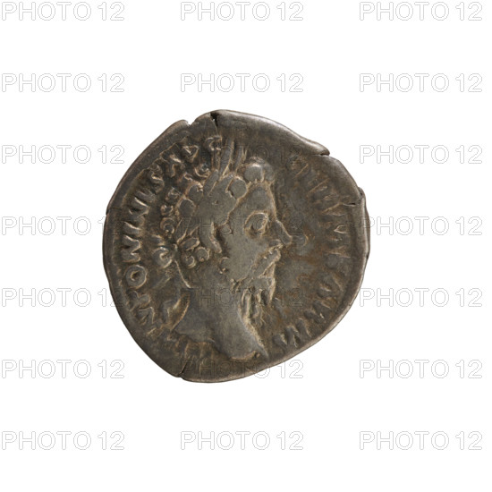 denarius, Marcus Aurelius (121–180; Roman emperor 161–180); imperial bust of Marcus Aurelius; iconography includes Felicitas (personification) holding a caduceus and a cornucopia. Obverse: NTONINVS AVG GERM SARM (second part of the legend poorly impressed), head of Marcus Aurelius wearing a laurel wreath, right; pearl border. Reverse: TR P XXX IMP VIII COS III, Felicitas standing left, right hand holding a long caduceus, left hand a cornucopia; pearl border. Date: 175–176. Roman Empire (27 BC–476). Rome. Coin; weight 2.92 g; axis 180°.
