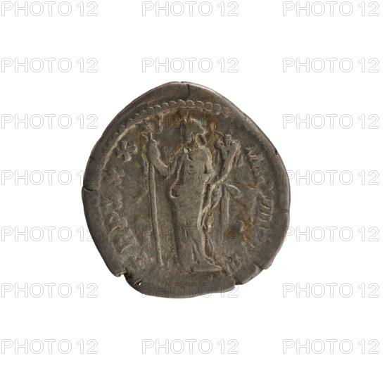Denarius of Marcus Aurelius (121–180; Roman emperor 161–180), 175–176 CE. Obverse: Head of Marcus Aurelius wearing a laurel wreath, facing right; pearl border; legend NTONINVS AVG GERM SARM (second part of the legend poorly impressed). Reverse: TR P XXX IMP VIII COS III; Felicitas standing left, holding a long caduceus in her right hand and a cornucopia in her left; pearl border. Roman Empire (27 BC–476), Rome; coin; weight 2.92 g; axis 180°.