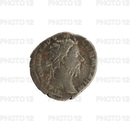 Denarius of Marcus Aurelius (121–180; Roman emperor 161–180), 176–177. Obverse: Head of Marcus Aurelius in a laurel wreath, right. Pearl border. Inscription: ONINVS AVG GERM SARM. Reverse: Victoria striding left, holding a wreath in her right hand and a palm in her left. Pearl border. TR P XXXI IMP VIII COS III PP. Roman Empire (27 BC–476), Rome. Coin; weight 3.23 g; axis 180 degrees.