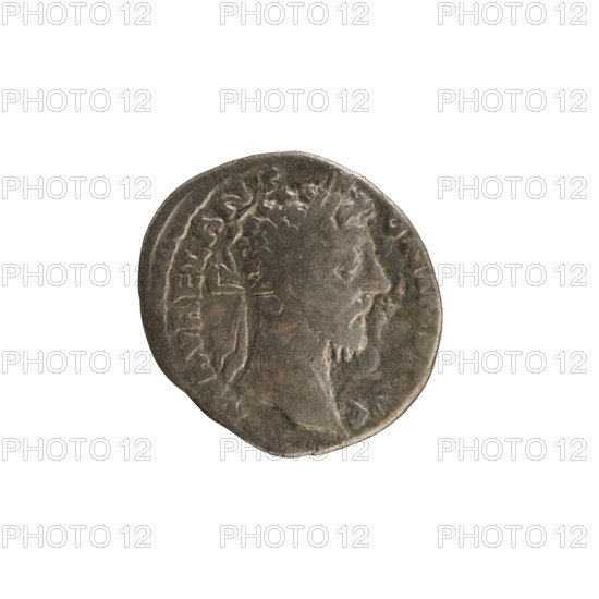 Denarius of Marcus Aurelius (121–180; Roman emperor 161–180). Obverse: Head of Marcus Aurelius in a laurel wreath, right. Pearl border. Inscription: M AVREL ANT ONINVS AVG. Reverse: Mars in military costume and helmet, standing turned right, holding a spear in his right hand and resting his left hand on a shield. Pearl border. Inscription: TR P XXXIII IMP X COS III. Roman Empire (27 BC–476), Rome; coin; weight 2.24 g; axis 180°. Date: 179.