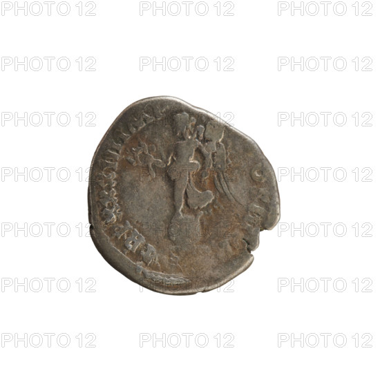 Denarius of Marcus Aurelius (121–180; Roman emperor 161–180). Obverse: Head of Marcus Aurelius with a laurel wreath, facing right; inscription 'M AVREL A ... ONINVS' (partial). Reverse: Victoria stands on a sphere turned left, holding a wreath in her right hand and a trophy in her left; inscriptions 'TR P XXXIII IMP ... OS III PP'. Pearl border. Hoard from Golub (numismatic find). Bronze? coin weight 2.76 g; Rome, Roman Empire (27 BC–476); axis 180°.