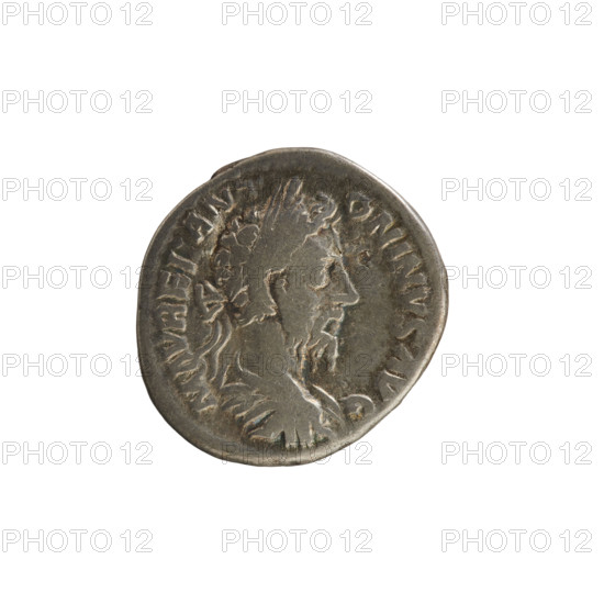 Denarius, Marcus Aurelius (121–180; Roman emperor 161–180). Obverse: Bust of Marcus Aurelius with laurel wreath, armor and drapery, facing right; pearl border. Inscription: M AVREL ANT ONINVS AVG. Reverse: Fortuna seated left, holding a rudder in her right hand and a cornucopia in her left; a wheel under the seat; pearl border. Date: 179–180. Roman Empire (27 BC–476). Rome. Coin; weight 3.76 g; axis 180°.