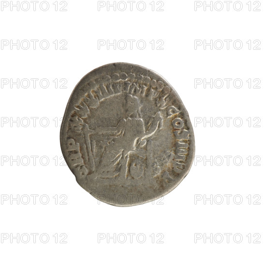 Denarius of Marcus Aurelius (121–180; Roman emperor 161–180). Obverse: Bust of Marcus Aurelius with laurel wreath, armor and drapery, facing right; pearl border; inscription 'M AVREL ANT ONINVS AVG'. Reverse: Fortuna seated left holding a rudder in her right hand and a cornucopia in her left; a wheel under the seat; pearl border; inscription 'TR P XXXIIII IMP X COS III PP'. Dated 179–180 CE. Roman Empire; Rome. Coin, weight 3.76 g, axis 180°.