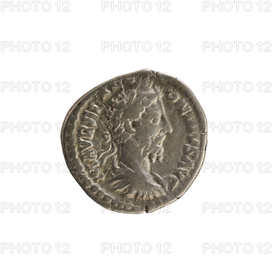 Denarius of Marcus Aurelius (121–180; Roman emperor 161–180), 179–180. Obverse: Bust of Marcus Aurelius with laurel wreath, armor and drapery, facing right; inscription 'M AVREL ANTONINVS AVG'. Reverse: Fortuna seated facing left, holding a rudder in her right hand and a cornucopia in her left, with a wheel under the seat; inscription 'TR P XXXIIII IMP X COS III PP'. Pearl border. Roman Empire, Rome; coin, weight 3.20 g.