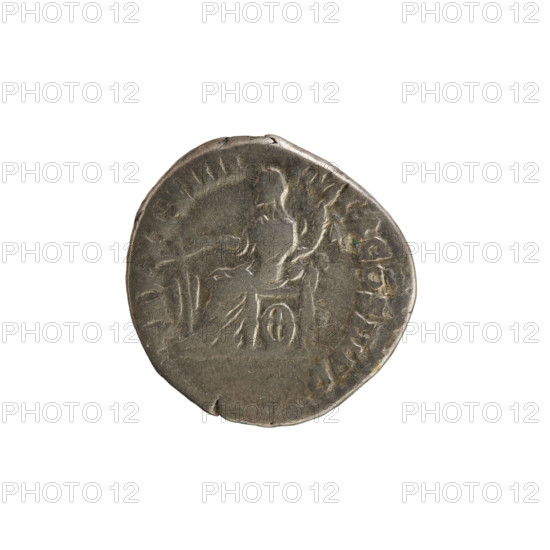 Denarius of Marcus Aurelius (121–180; Roman emperor 161–180). Obverse: bust of Marcus Aurelius with a laurel wreath, armor and drapery, facing right; inscription 'M AVREL AN ONINVS AVG'. Reverse: Fortuna seated facing left, holding a rudder in her right hand and a cornucopia in her left; a wheel under the seat; inscription 'TR P XXXIIII IMP X COS III PP'. Pearl border. Date: 179–180. Roman Empire (27 BC–476). Rome. Coin; weight 3.20 g.