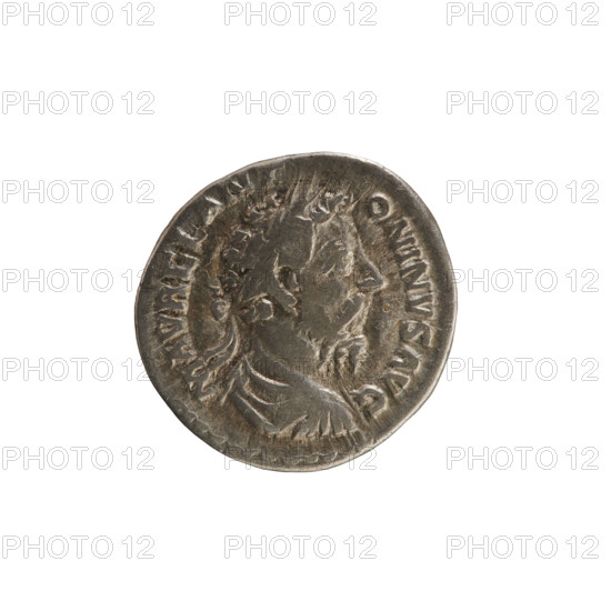 Denarius of Marcus Aurelius (121–180; Roman emperor 161–180). Obverse: Bust of Marcus Aurelius with laurel wreath, armor and drapery, facing right; pearl border. Inscription: M AVREL ANT ONINVS AVG. Reverse: Fortuna seated left, holding a rudder in her right hand and a cornucopia in her left; a wheel under the seat; pearl border. Date: 179–180. Roman Empire, Rome. Coin, weight 3.42 g, axis 180°.