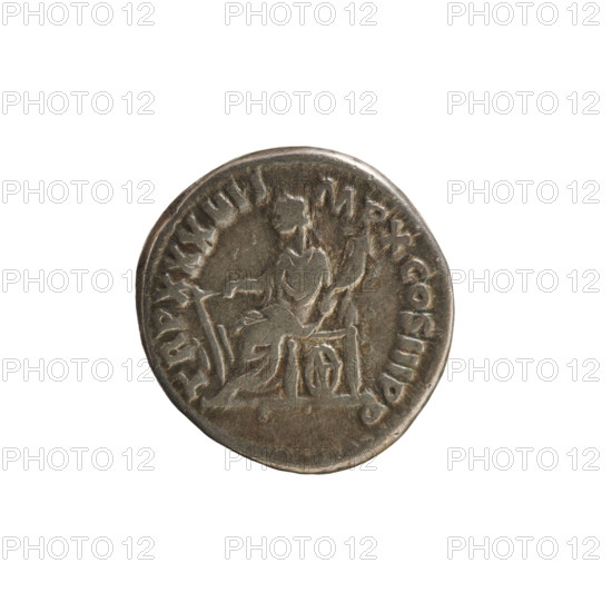 Denarius of Marcus Aurelius (121–180; Roman emperor 161–180). Obverse: Bust of Marcus Aurelius with a laurel wreath, armor and drapery, facing right; inscription 'M AVREL ANT ONINVS AVG'. Reverse: Fortuna seated left, holding a rudder in her right hand and a cornucopia in her left; a wheel beneath the seat; inscription 'TR P XXXIII IMP X COS III PP'. Pearl border. Roman Empire, struck 179–180. Silver, weight 3.42 g, axis 180°.