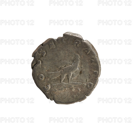 denarius, Marcus Aurelius (121–180; Roman emperor 161–180), posthumous issue for Commodus (161–192; Roman emperor 177–192); obverse: head of Marcus Aurelius, pearl border, inscription AW. DIVVS M ANT ONIN PIVS; reverse: eagle standing right, head turned left, on lightning bolt, inscription CON ATIO; iconography: imperial busts, eagle on a thunderbolt, altars; date: 180; Roman Empire (27 BC–476); Rome; coin; weight 3.05 g; axis 180°