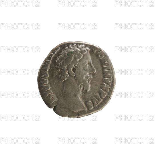 Denarius, Marcus Aurelius (121–180; Roman emperor 161–180), posthumous issue for Commodus (161–192; Roman emperor 177–192). Obverse: Head of Marcus Aurelius, inscription 'DIVVS M ANT ONINVS PIVS', pearled border. Reverse: Eagle standing facing right with head turned left on a lightning bolt, inscription 'CON ATIO' (or similar), pearled border. Iconography: eagles, imperial busts, eagle on a thunderbolt, altars. Hoard find (Golub). Date: 180. Roman Empire, Rome. Coin; weight 2.99 g.