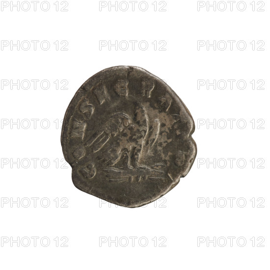 Denarius of Commodus (posthumous issue for Marcus Aurelius), Roman Empire, 180. Obverse: Head of Marcus Aurelius laureate, pearled border, inscription AW. DIVVS M ANT ONINVS PIVS. Reverse: Eagle standing right, head turned left, on lightning bolt, pearled border, inscription CON_ATIO. Silver coin (denarius), weight 2.83 g, axis 180°.