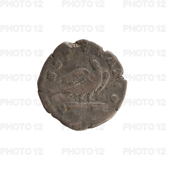 Denarius, posthumous issue of Marcus Aurelius (121–180) and Commodus (161–192). Obverse: Head of Marcus Aurelius laureate; pearled border; inscription Aw. DIVVS M AN TONINVS PIVS. Reverse: Eagle standing right, head turned left, on a lightning bolt; pearled border; legend Rw. C, N, ATIO. Roman Empire, 180. Silver coin (denarius), weight 2.22 g, axis 180°.