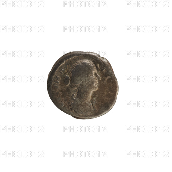 Denarius, Antoninus Pius (86–161; Roman emperor 138–161) and Faustina the Younger (c.130–176; Roman empress 161–176). Obverse: Bust of the empress on the right in drapery, hair arranged in waves and tied in a bun at the back of the head; pearl border; inscription: VSTINA AV. Reverse: PI, IL — Venus stands facing left, holding Victoria in her right hand, resting her left on a shield supported by a helmet. Date: 154–156. Roman Empire (27 BC–476), Rome. Coin; weight 3.50 g; axis 180°.