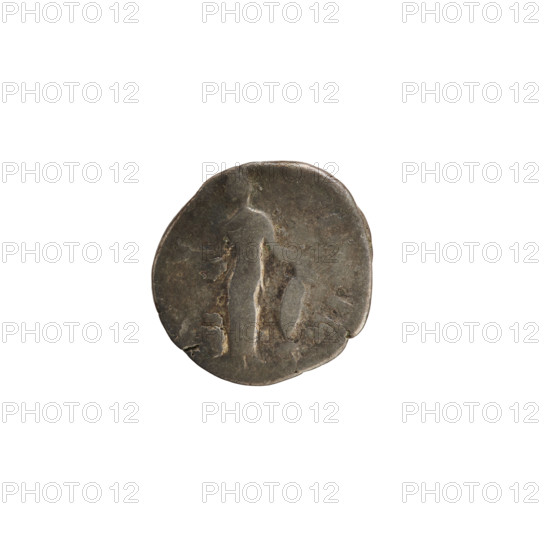 Denarius, Antoninus Pius (86–161; Roman emperor 138–161) and Faustina the Younger (ca. 130–176; Roman empress 161–176). Obverse: Bust of the empress on the right in drapery, hair arranged in waves and tied in a bun at the back of the head; pearl border; inscription VSTINA AV. Reverse: PI IL, Venus stands facing left, holding Victoria in her right hand, resting her left on a shield supported by a helmet. Date: 154–156. Roman Empire (27 BC–476), Rome. Coin; weight 3.50 g; axis 180°.