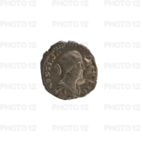 Denarius, Antoninus Pius (86–161; Roman emperor 138–161) and Faustina the Younger (ca. 130–176; Roman empress 161–176). Obverse: Bust of the empress on the right in drapery, hair arranged in waves and tied in a bun at the back of the head; pearled border; inscription (first part poorly legible) AVGVSTI P II FIL. Reverse: Concordia standing turned left, holding a patera in her right hand and a cornucopia in her left; pearled border. Date: 154–156. Roman Empire (27 BC–476), Rome. Coin; weight 2.97 g; axis 180°.