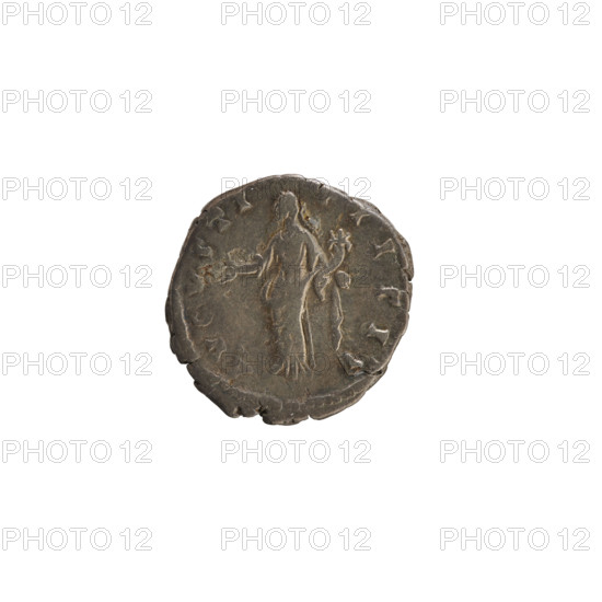 Denarius, Antoninus Pius (86–161 CE; Roman emperor 138–161) and Faustina the Younger (c.130–176; Roman empress 161–176). Obverse: busts — Faustina the Younger (draped, hair waved and tied in a bun at the back), pearled border. Reverse: Concordia standing left, holding a patera in her right hand and a cornucopia in her left, pearled border. Inscription: AVGVSTI P II FIL (first part poorly legible). Date: 154–156 CE. Roman Empire, Rome. Coin; weight 2.97 g; axis 180°.