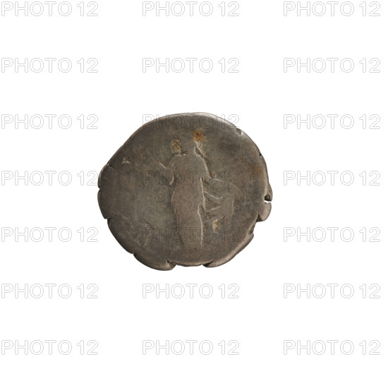 Denarius, Antoninus Pius (86–161; Roman emperor 138–161) and Faustina the Younger (ca. 130–176; Roman empress 161–176). Obverse: busts — bust of the empress to right in drapery, hair arranged in waves and tied in a bun at the back of her head. Reverse: Spes (personification) stands turned left, holding a flower in her right hand and lifting the hem of her robe on the left. Dated 154–156 CE. Roman Empire (Rome). Coin; weight 2.83 g; axis 180°.