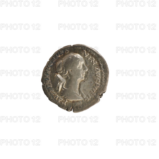 Denarius, Antoninus Pius (86–161; Roman emperor 138–161) and Faustina the Younger (ca. 130–176; Roman empress 161–176). Obverse: Bust of the Empress on the right in drapery, hair arranged in waves and tied in a bun at the back of the head; pearled border; inscription 'FAVSTINA AVG ANTO[NIN] AVG P II FIL'. Reverse: CONCORDIA — Concordia stands straight with her head turned to the right, lifting the hem of her robe with her right hand and holding a cornucopia in her left; pearled border. Silver coin (denarius), 150–152 CE, Roman Empire; Rome; weight 2.71 g; axis 180°.