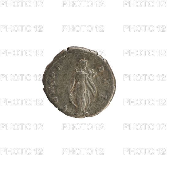Denarius, Antoninus Pius (86–161; Roman emperor 138–161) and Faustina the Younger (ca. 130–176; Roman empress 161–176). Obverse: Bust of the Empress on the right in drapery, hair arranged in waves and tied in a bun at the back of the head; pearled border; legend: FAVSTINA AVG ANTO NIN, AVG P II FIL. Reverse: Concordia stands straight with her head turned to the right, right hand lifting the hem of her robe, left holding a cornucopia; pearled border; legend: CONCORDIA. Date: 150–152. Roman Empire. Mint: Rome. Coin; weight 2.71 g; axis 180°.