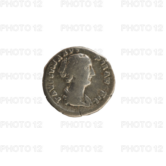 Denarius, Antoninus Pius (86–161; Roman emperor 138–161) and Faustina the Younger (ca. 130–176; Roman empress 161–176). Obverse: Draped bust of the empress facing right, hair arranged in waves and tied in a bun at the back; pearl border; inscription 'FAVSTINA AVG PII AVG FIL'. Reverse: Concordia seated facing left, holding a flower in her right hand and resting on a cornucopia in her left; a sphere under the seat; inscription 'CONCORDIA' (or variant). Dated 152–153 CE, Roman Empire (27 BC–476). Coin; weight 3.19 g.