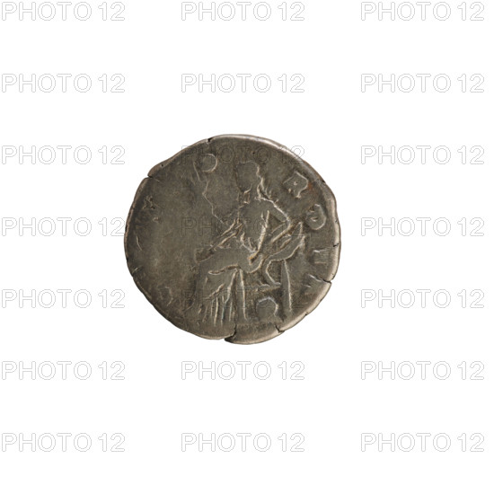 Denarius; Antoninus Pius (86–161, Roman emperor 138–161) and Faustina the Younger (c.130–176, Roman empress 161–176). Obverse: draped bust of the empress to right, hair arranged in waves and tied in a bun, pearl border; inscription 'FAVSTINA AVG P II AVG FIL'. Reverse: Concordia seated facing left, holding a flower in her right hand and resting on a cornucopia in her left; a sphere under the seat; inscription 'CONCORDIA' (variant reading 'O RDIA'). Date: 152–153 CE. Roman Empire, Rome. Coin; weight 3.19 g.