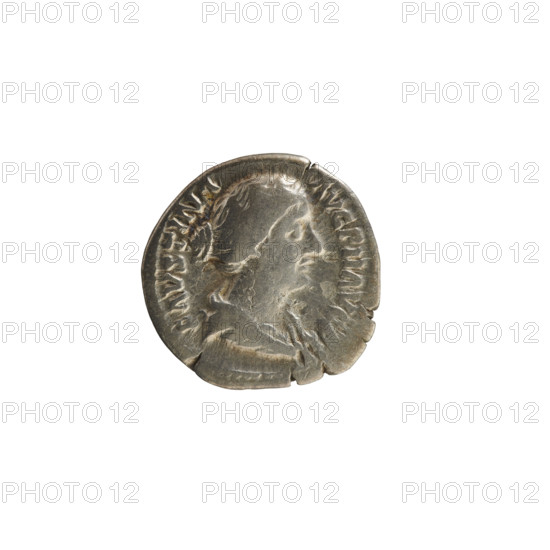 Denarius, Antoninus Pius (86–161; Roman emperor 138–161), Faustina the Younger (ca. 130–176; Roman empress 161–176). Imperial busts; numismatic treasure. Obverse: bust of the empress on the right in drapery, hair arranged in waves and tied in a bun at the back of the head; pearled border; inscription ADV. FAVSTINA AVG P II AVG F. Reverse: Concordia seated left, holding a flower in her right hand and supporting her left on a cornucopia; a sphere under the seat; pearled border; inscription CONCORDIA. Date: 152–153. Roman Empire (27 BC–476), Rome. Coin; weight 3.00 g; axis 180°.