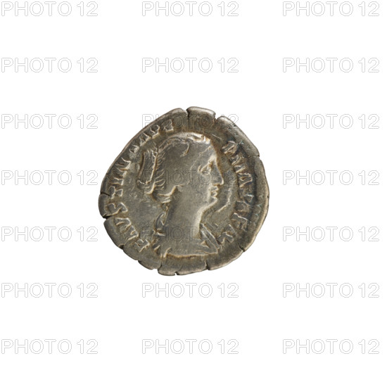 denarius, Antoninus Pius (86–161; Roman emperor 138–161), Faustina the Younger (ca. 130–176; Roman empress 161–176), busts, Faustina the Younger, imperial busts, Concordia (personification). Obv. FAVSTINA AVG P II AVG FIL — Bust of the empress to right, draped, hair in waves tied in a bun at back of head. Pearled border. Rev. (last legend partially illegible) — Concordia seated left, holding a flower in her right hand, left hand resting on a cornucopia; a ball under the seat. Pearled border. Roman Empire, AD 152–153. Coin; Rome; weight 2.92 g; axis 180°.
