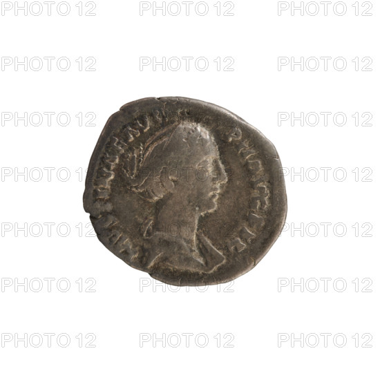 Denarius, Antoninus Pius (86–161; Roman emperor 138–161) and Faustina the Younger (ca. 130–176; Roman empress 161–176). Imperial busts: obverse (Obv.) inscribed 'FAVSTINAE AVG P II AVG FIL' — draped bust of the empress to right, hair in waves tied in a bun, decorated with a string of pearls; pearl border. Reverse (Rv.) 'V E N V S' — Venus standing facing left, holding an apple in her raised right hand and a rudder supported by a dolphin in her left hand; pearl border. Date: 147–150 CE. Roman Empire (27 BCE–476 CE), Rome. Coin (denarius), weight 3.38 g.