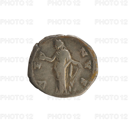 denarius, Antoninus Pius (86–161; Roman emperor 138–161), Faustina the Younger (ca. 130–176; Roman empress 161–176), busts of Faustina the Younger and Antoninus Pius, imperial busts, hoard find, treasures (numismatics), Venus (mythology), apples (attribute). Obv. FAVSTINAE AVG P II AVG FIL — Draped bust of the empress to right, hair arranged in waves and tied in a bun, decorated with a string of pearls. Pearl border. Rev. V E N V S — Venus stands facing left, holding an apple in her raised right hand and a rudder supported by a dolphin in her left hand. Pearl border. Date: 147–150. Roman Empire (27 BC–476). Rome. Coin. Weight: 3.38 g.