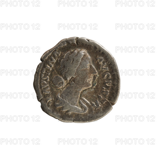 denarius, Marcus Aurelius (121–180; Roman emperor 161–180), Faustina the Younger (ca. 130–176; Roman empress 161–176), busts, Faustina the Younger, Marcus Aurelius, Ceres (mythology), iconography, imperial busts, ears of corn (attribute), torch (attribute). Obv. FAVSTINA AVGVSTA — Bust of the empress on the right in drapery, hair arranged in waves and tied in a bun at the back of the head. Pearl border. Rv. C·E RES — Ceres sits on a chest, turned left, holding ears of corn in her right hand and a torch in her left. 161–176, Roman Empire (27 BC–476), Rome; coin; weight 3.59 g; axis 180 degrees.