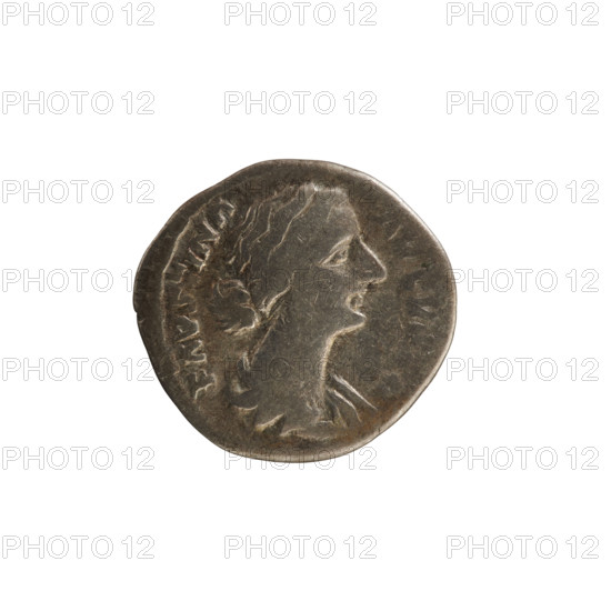 Denarius, Roman Empire, 161–176 CE. Obverse: Bust of Empress Faustina the Younger right, draped, hair in waves tied in a bun, pearl border; legend 'FAVSTINA AVGVSTA' (second part poorly legible). Reverse: Ceres seated on a chest left, holding ears of corn in her right hand and a torch in her left, pearl border. Silver coin (denarius), weight 3.25 g. Makers/subjects: Marcus Aurelius (emperor), Faustina the Younger; iconography: Ceres, torch and ears of corn attributes. Rome.