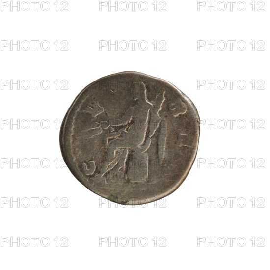 Denarius of Faustina the Younger (ca. 161–176 CE). Silver coin, weight 3.25 g. Obverse: Bust of the empress right, draped, hair in waves and tied in a bun, pearl border; legend FAVSTINA AVGVSTA (second part poorly legible). Reverse: Ceres seated left on a chest, holding ears of corn in her right hand and a torch in her left; pearl border. Imperial iconography; Roman Empire (27 BC–476), Rome. Makers: Marcus Aurelius (emperor 161–180) associated; Faustina the Younger (empress ca. 130–176).