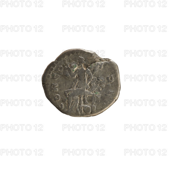 Denarius, Antoninus Pius (86–161; Roman emperor 138–161) and Faustina the Younger (ca. 130–176; Roman empress 161–176). Obverse: Bust of the empress on the right in drapery, hair arranged in waves and tied in a bun; inscription ADV. FAVSTINA AVG P II AVG FIL. Reverse: CONCO RDI, Concordia seated left, holding a flower in her right hand, supporting her left on a cornucopia; a sphere under the seat. Pearl border. Date: 152–153, Rome, Roman Empire (27 BC–476). Coin; weight 2.78 g; axis 180°.