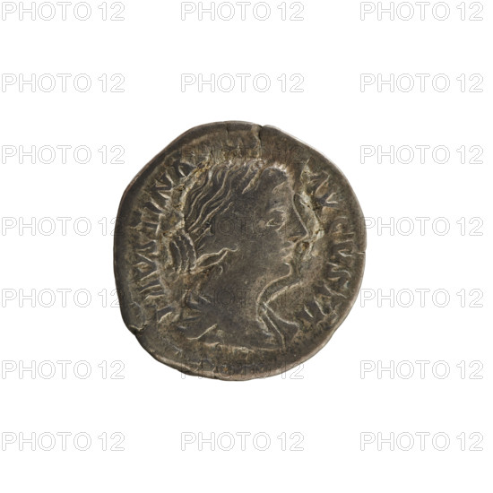 Denarius, Marcus Aurelius (121–180; Roman emperor 161–180) and Faustina the Younger (c.130–176; Roman empress 161–176). Obverse: bust of the empress right in drapery, hair arranged in waves and tied in a bun, pearl border. Legend: FAVSTINA AVGVSTA. Reverse: Ceres seated on a chest left, holding ears of corn in her right hand and a torch in her left; pearl border. Iconography: Ceres, ears of corn (attribute), torch (attribute). Date: 161–176. Roman Empire (27 BC–476). Rome. Coin (denarius). Weight: 3.05 g. Axis: 180°.