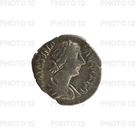 Denarius, Marcus Aurelius (121–180; Roman emperor 161–180) / Faustina the Younger (ca. 130–176; Roman empress 161–176). Imperial silver coin (denarius), weight 2.89 g, Rome, Roman Empire, dated 161–176. Obverse: FAVSTINA AVGVSTA — bust of the empress right, draped, hair arranged in waves and tied in a bun; pearl border. Reverse: C•E•RE — Ceres seated on a chest left, holding ears of corn in her right hand and a torch in her left; pearl border. Attributes: torch, ears of corn.