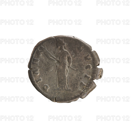 Denarius of Marcus Aurelius (121–180; Roman emperor 161–180) and Faustina the Younger (ca. 130–176; Roman empress 161–176). Obverse: Bust of the empress draped, hair arranged in waves and tied in a bun at the back; pearl border; inscription 'ADV. FAVSTINA AVGVSTA'. Reverse: Diana turned left, holding a torch with both hands; pearl border; inscription 'DIANA LVCIF'. Date: 161–176. Roman Empire, Rome. Coin; weight 3.07 g; axis 180°.
