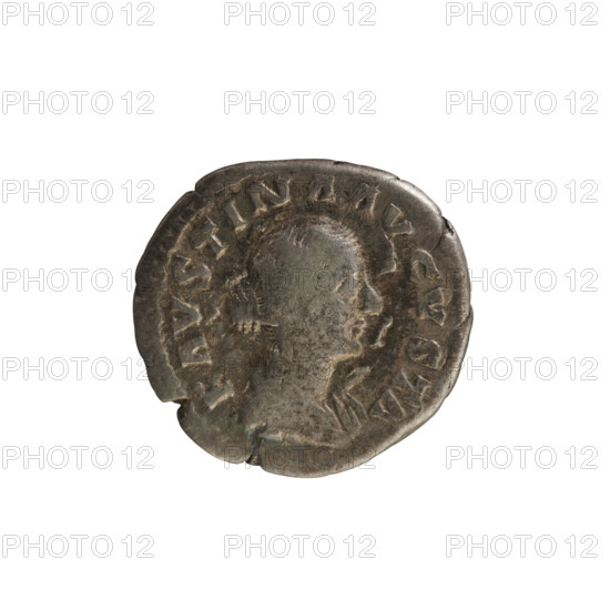 Denarius, 161–176 CE. Obverse: Bust of Faustina the Younger in drapery, hair arranged in waves and tied in a bun, pearl border; inscription 'FAVSTINA AVGVSTA.' Reverse: Fecunditas standing facing left, holding two children with two girls standing at her sides, pearl border; inscription 'FECVND AVGVSTAE.' Roman Empire (27 BCE–476 CE). Silver coin (denarius), weight 3.05 g. Makers: Marcus Aurelius (emperor 161–180) and Faustina the Younger (empress ca. 130–176). Iconography: Fecunditas (personification) and imperial bust.