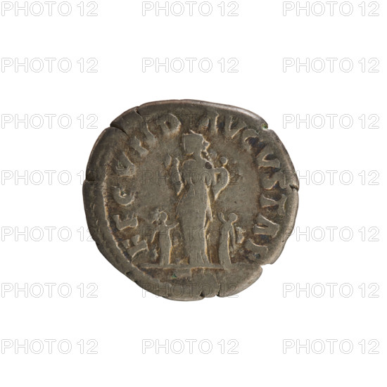 Denarius, Marcus Aurelius (121–180; Roman emperor 161–180) and Faustina the Younger (ca. 130–176; Roman empress 161–176). Obverse: FAVSTINA AVGVSTA — bust of the empress right, draped, hair in waves tied in a bun, pearl border. Reverse: FECVND AVGVSTAE — Fecunditas standing left holding two children, with two girls at her sides, pearl border. Iconography: Faustina the Younger; Fecunditas (personification) standing with children. Date: 161–176. Roman Empire, Rome. Coin, weight 3.05 g.