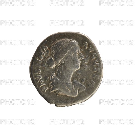 Denarius, Marcus Aurelius (121–180; Roman emperor 161–180), Faustina the Younger (ca. 130–176; Roman empress 161–176). Obverse: FAVSTINA AVGVSTA — bust of the empress in drapery facing right, hair arranged in waves and tied in a bun at the back, pearl border. Reverse: FECVNDITAS — Fecunditas stands facing right, holding a scepter in her left hand and a child in her right hand, pearl border. Date: 161–176. Roman Empire, Rome. Coin, weight 3.07 g.