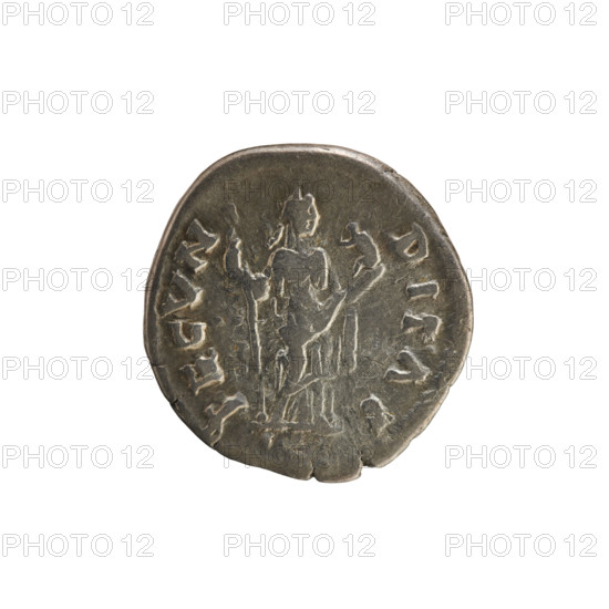 Denarius, Marcus Aurelius (121–180; Roman emperor 161–180) and Faustina the Younger (ca. 130–176; Roman empress 161–176). Obverse: FAVSTINA AVGVSTA — bust of the empress in drapery facing right, hair in waves tied in a bun, pearl border. Reverse: FECVNDITAS — Fecunditas standing facing right, holding a scepter in her left hand and a child in her right, pearl border. Date: 161–176. Roman Empire, Rome. Coin; weight 3.07 g.