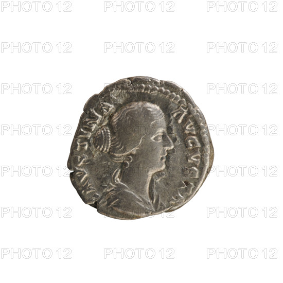 Denarius, Marcus Aurelius (121–180; Roman emperor 161–180). Obverse: Bust of Faustina the Younger (ca. 130–176; Roman empress 161–176) right, draped, hair in waves tied in a bun, pearl border; inscription AVSTINA AVGVSTA. Reverse: Diana standing left, holding a torch with both hands, pearl border; inscription DIANA LVCIF. Hoard find (Golub). Date: 161–176. Roman Empire, Rome. Coin; weight 2.87 g; axis 180°.