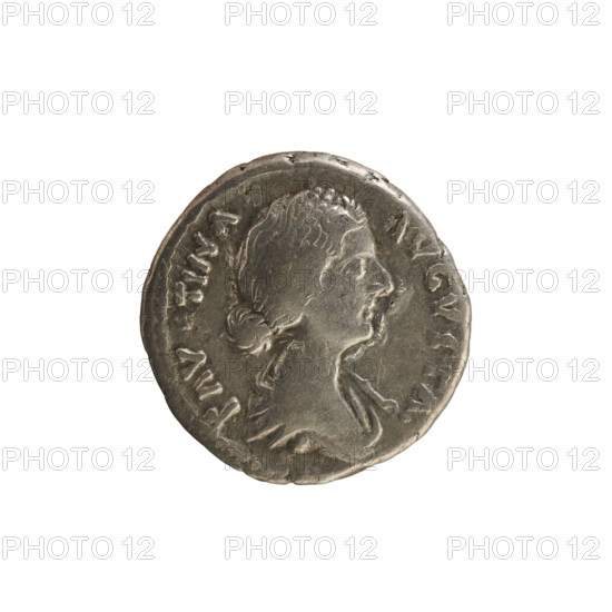 Denarius, Marcus Aurelius (121–180; Roman emperor 161–180) and Faustina the Younger (ca. 130–176; Roman empress 161–176). Obverse: Bust of the empress right, draped, hair in waves tied in a bun, pearl border; inscription FAVTINA AVGVSTA. Reverse: FECVNDITAS standing right, holding scepter in left hand and child in right; pearl border; inscription FECVNDITAS. Date: ca. 161–176. Roman Empire (27 BC–476), Rome. Coin, weight 3.18 g, axis 180°.