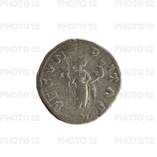denarius, Marcus Aurelius (121–180; Roman emperor 161–180), Faustina the Younger (ca. 130–176; Roman empress 161–176); obverse: bust of the empress right in drapery, hair in waves tied in a bun, pearl border, legend FAVSTINA AVGVSTA; reverse: FECVNDITAS – Fecunditas stands right holding a scepter in her left hand and a child in her right, pearl border; 161–176; Roman Empire; Rome; coin; weight 3.18 g; axis 180°.