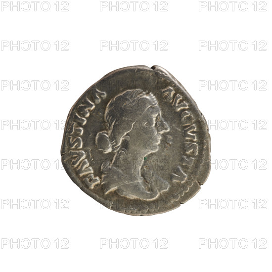 Denarius, Marcus Aurelius (121–180; Roman emperor 161–180) and Faustina the Younger (ca. 130–176; Roman empress 161–176). Silver coin, weight 3.01 g, Rome, Roman Empire (27 BC–476), dated 161–176. Obverse: FAVSTINA AVGVSTA — draped bust of the empress right, hair in waves tied in a bun, pearl border. Reverse: FECVNDITAS — Fecunditas standing right, holding a scepter in her left hand and a child in her right, pearl border. Iconography: imperial busts; Fecunditas (personification) with child and scepter.